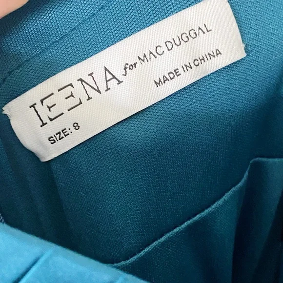 Ieena Mac Duggal Teal Satin Halter Neck Bow Pleated Sleeveless Midi Dress Size 8 - Picture 6 of 7